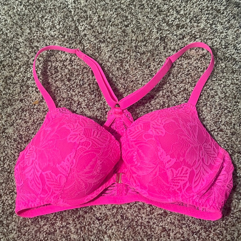 hot pink front buckle push up lace bra